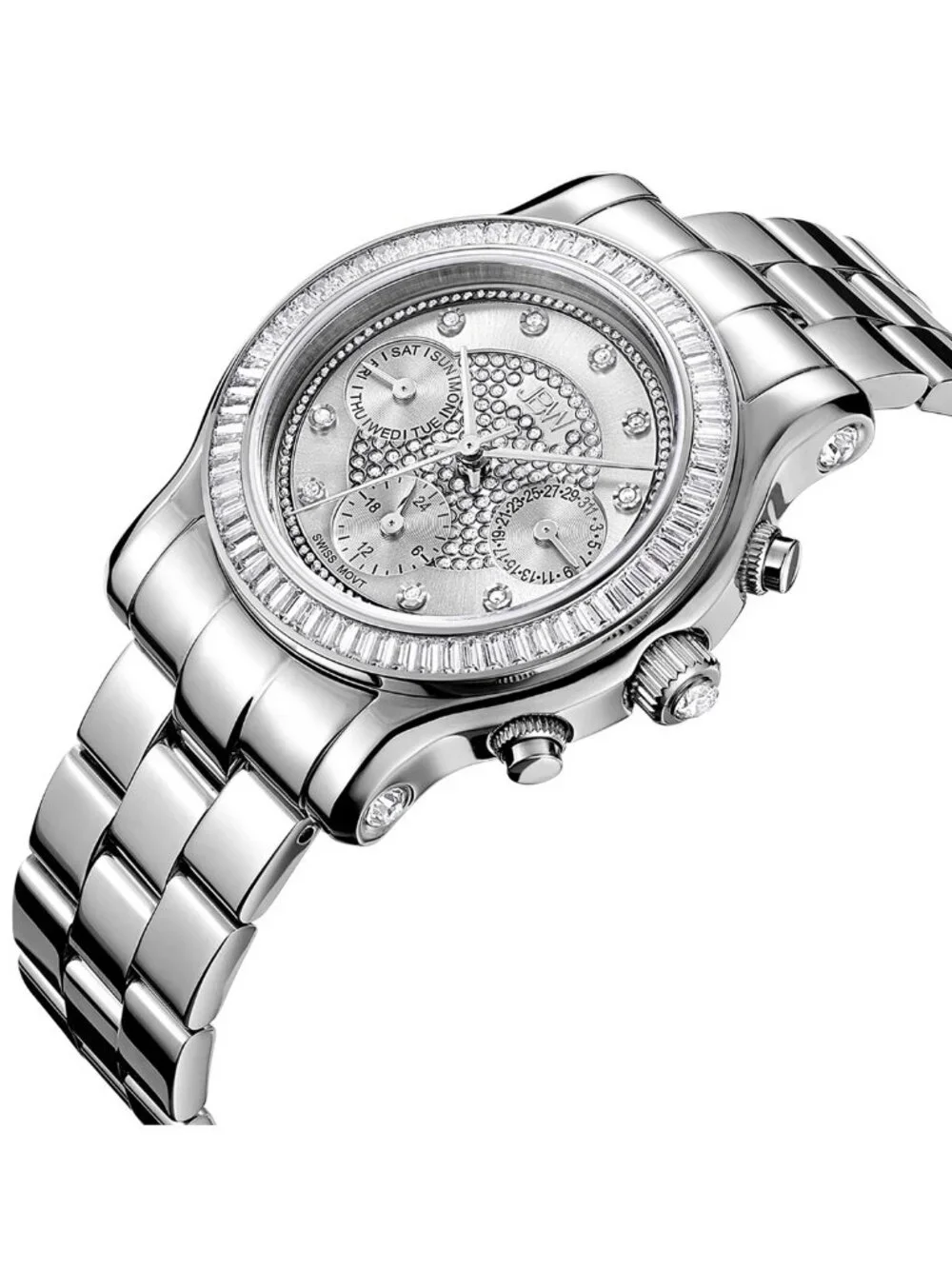 NWT JBW Laurel Silver Multi-Function Diamond Dial Steel Bracelet Ladies Watch